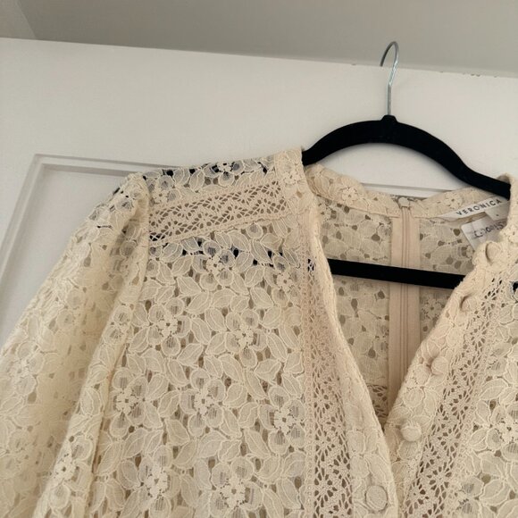 Veronica Beard Lace Mini Dress Sz 4 In Stone Khaki Button Down Ruffle Skirt - Picture 9 of 11